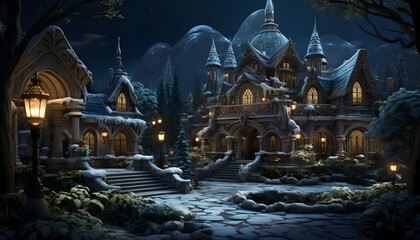 Digital painting of a fairy-tale castle at night, 3d illustration