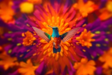 a happy hummingbird in an orange background