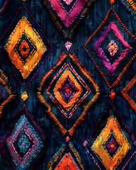 Vibrant Artistic Fabric Texture with Triangular Embroidery Pattern and Scribbly Lines