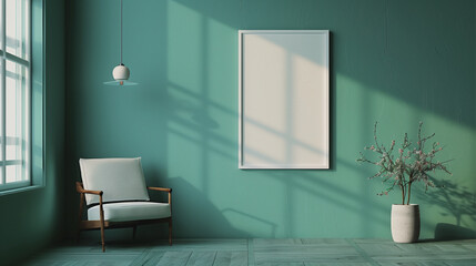 Minimalist living room, White chair, White flower pot and flower inside, White lamp, Billboard isolated on green wall, mock-up area for promotion