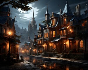 Illustration of a beautiful old town at night - 3d render