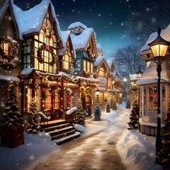 Christmas and New Year holidays in european city. Christmas trees and houses on a snowy street.