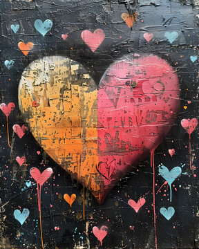 Vibrant Pop Art Graffiti Heart: Grunge Street Art with Spray Painted Hearts in Hot Pink, Black, Red, Aqua, Yellow, Blue, and White