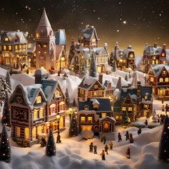 Christmas and New Year background with small houses in the snow. Christmas background