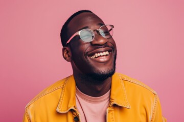 Smiling with Style: Person in Fashionable Glasses on Solid Background