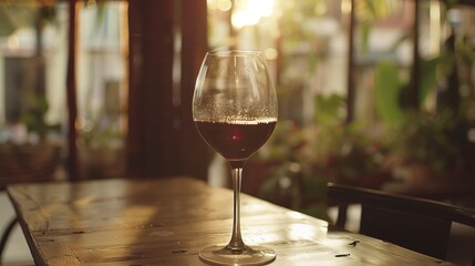 Glass of red wine on wooden table. Wine background in cafe