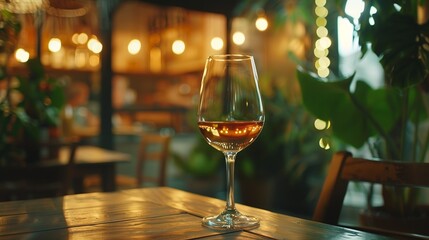 Glass of rose wine on wooden table. Wine background in cafe