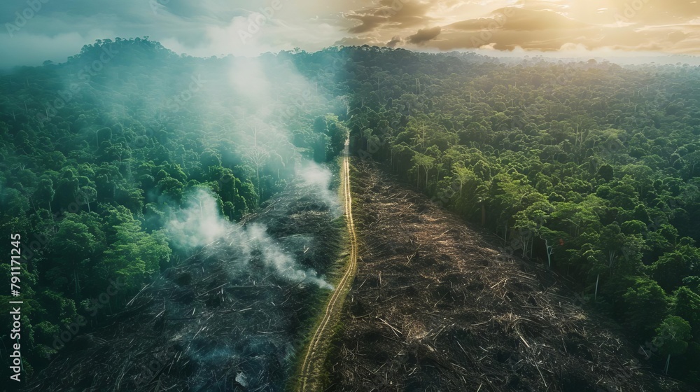 Aufkleber alarming aerial split view of deforestation and logging in the rainforest environmental problem conc
