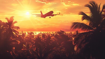 airplane soaring above tropical palm trees at sunset sun rays in clear sky travel and vacation concept digital painting