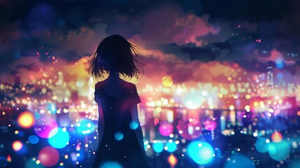 anime girl standing in front of blurry city skyline dreamy night scene illustration vibrant colors