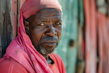 African man wearing a red scarf is standing in front of a green wall - Powered by Adobe