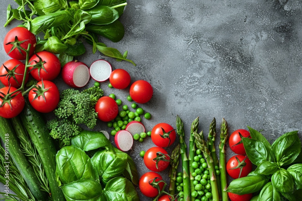 Poster various types of fresh vegetables neatly arranged on a wooden table, showcasing a colorful and healt