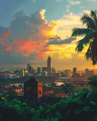 Artistic City Scene, Ghana, Africa: Palm Trees Under Cloudy Sky, Vibrant Painting Focus