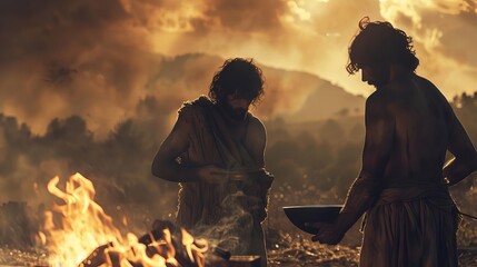 biblical scene of cain and abel brothers making offerings to god divine favor and sin concept - obrazy, fototapety, plakaty