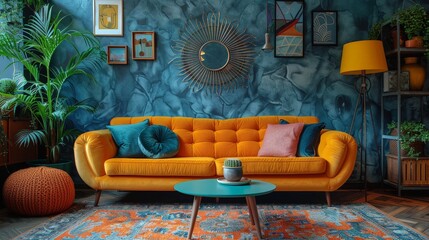 A living room featuring a vibrant yellow couch against a blue accent wall