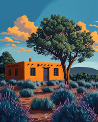 Yellow House Art, New Mexico, USA, Painting, Vibrant Colors, Trees, Landscape