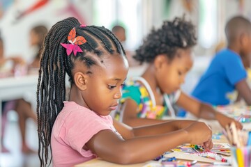 Obraz premium a group of young girls are sitting at a table playing with colored pencils