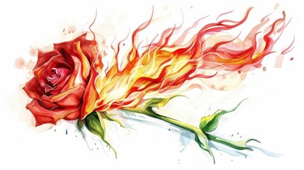 burning rose flower with vibrant flames on white background passionate love symbol illustration - obrazy, fototapety, plakaty