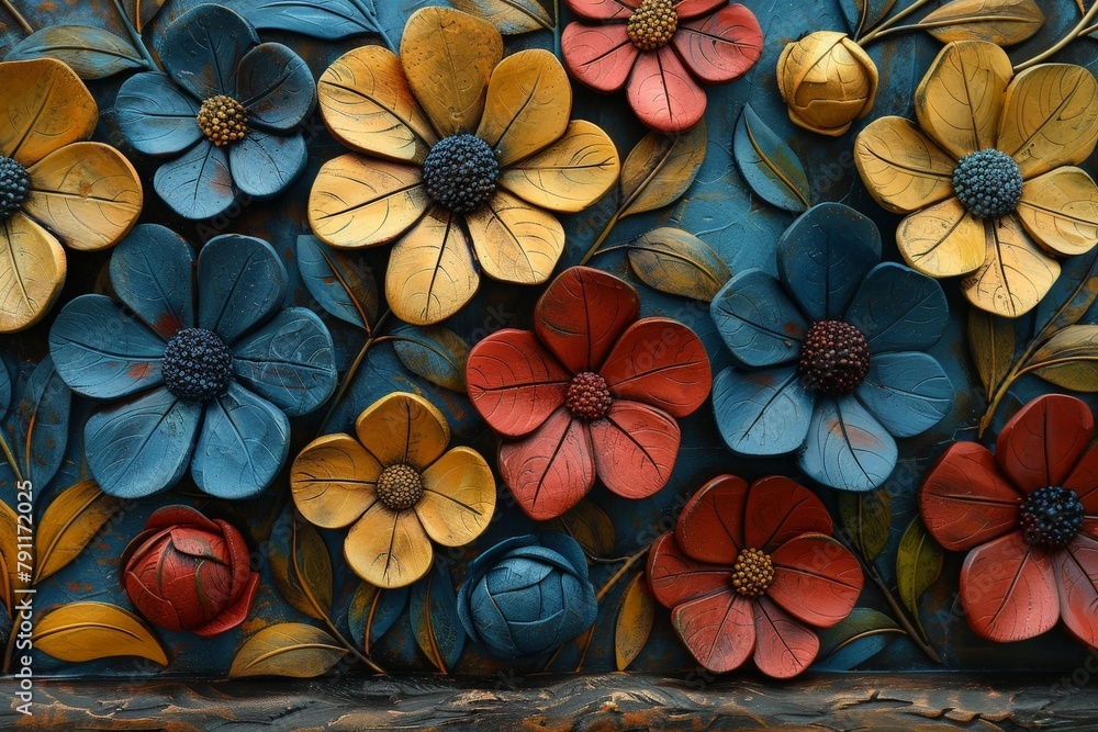 Poster a vibrant painting depicting various flowers on a wall, adding a pop of color to the space