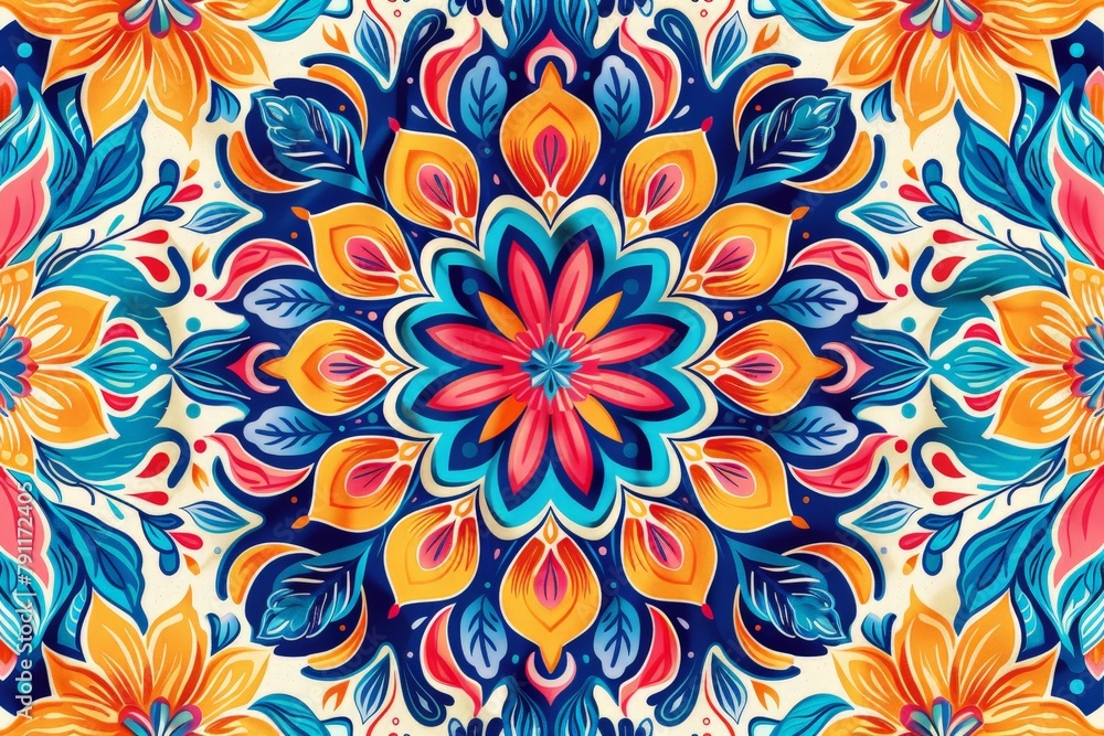 Aufkleber a vibrant and intricate floral pattern with various colors and shapes, set against a clean white bac