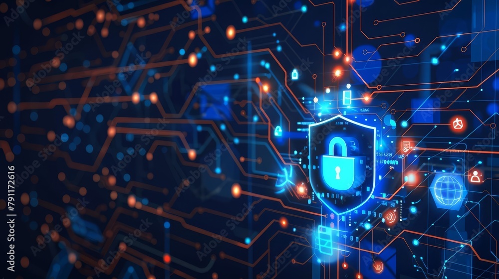 Poster cybersecurity and data protection concept with digital lock and shield icons