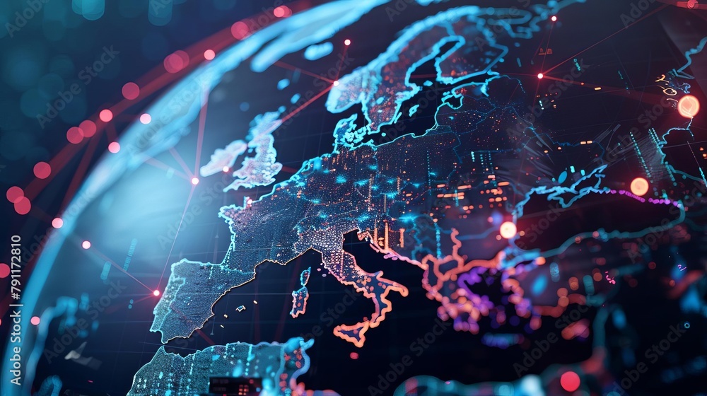 Poster digital world globe centered on europe global network and connectivity data transfer and cyber techn