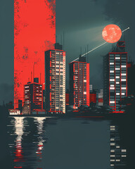 Art Deco Communist City Skyline: Propaganda, Retro Futurism, Hyperpop, Blockchain, Minimalism, Red Moon