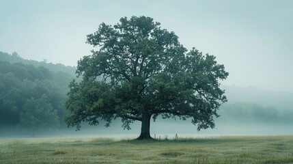 Old tree positioned in the field during a misty day point of interest
