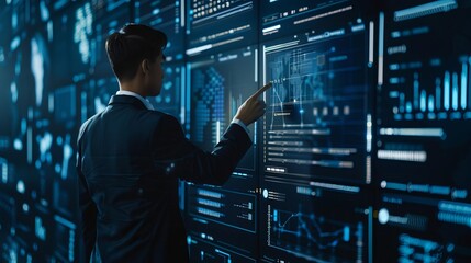 Fototapeta premium dmaic lean six sigma methodology for process improvement concept illustration with businessman touching virtual screen