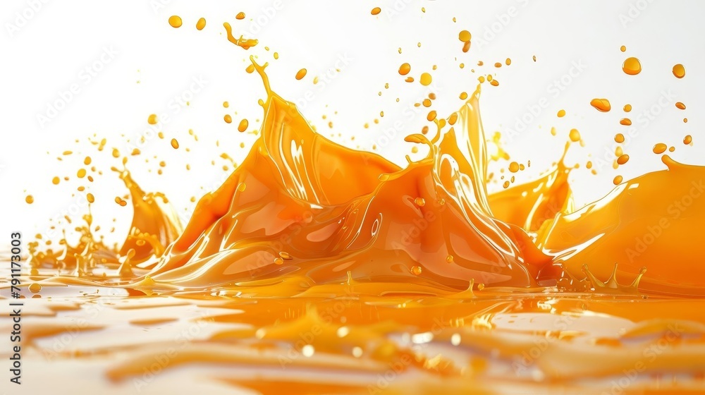 Poster dynamic orange juice splash with swirling waves drops and crown splashes isolated on white backgroun