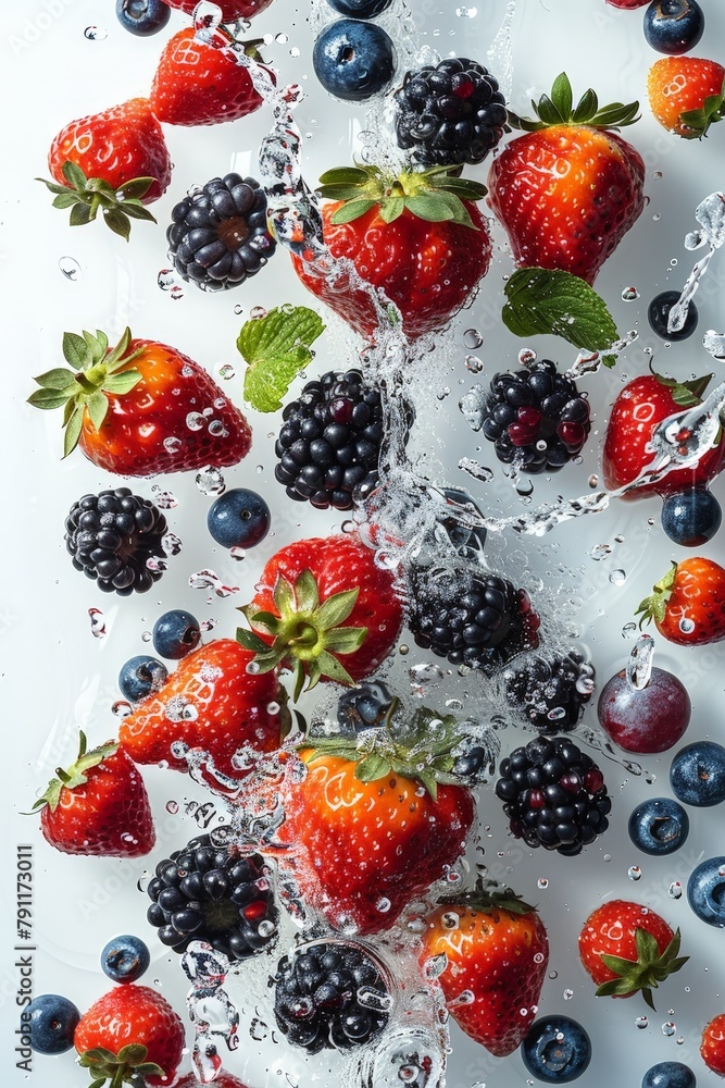 Aufkleber fresh strawberries and blueberries are falling into a glass of water, creating ripples and splashes 