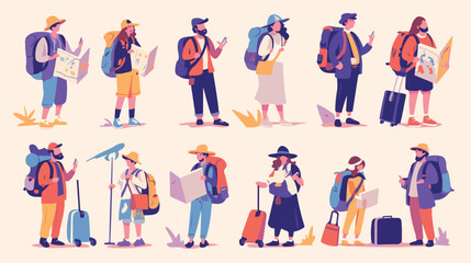 Collection of male and female travelers with map st