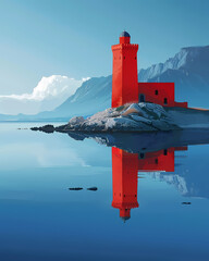 Vivid Mountain Landscape Painting: Red Tower on Island in Water