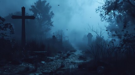 eerie misty graveyard path at night dark fantasy cemetery landscape with fog spooky digital illustration