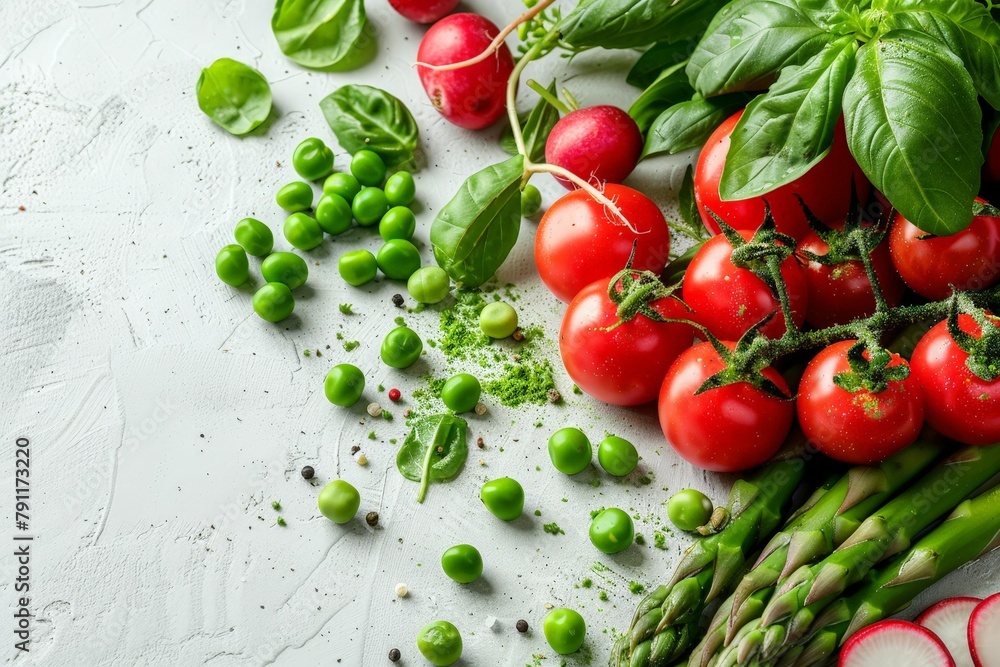 Poster various types of fresh vegetables arranged on a table