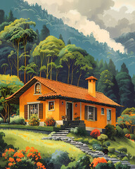 Colorful Guatemala Painting Depicting a North American House Nestled Amidst Lush Forest Scenery