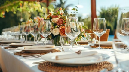 elegant wedding reception table setting with beautiful flowers sparkling glassware and dishes wide shot