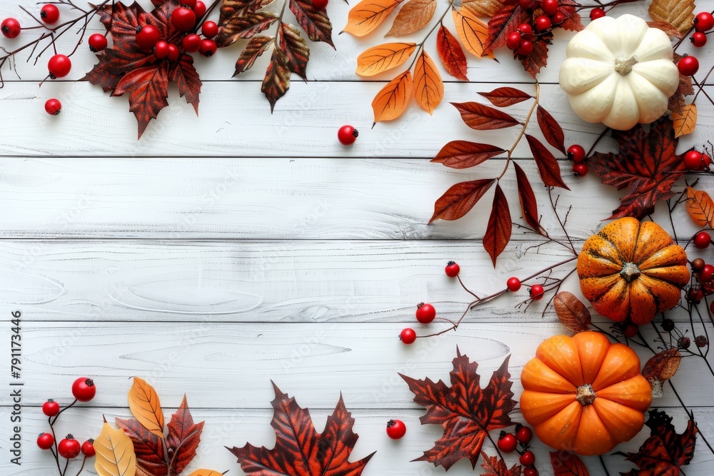 Poster a white wooden table covered with colorful autumn leaves and various pumpkins of different sizes and