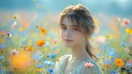 a young beautiful girl standing in a field of wildflowers - Powered by Adobe
