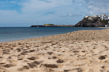 Aerial view on sandy dunes and turquoise water of Sotavento beach, Costa Calma, Fuerteventura, Canary islands, Spain in winter