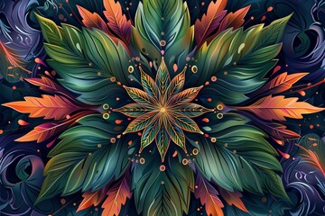 A realistic painting featuring a vibrant flower adorned with lush green leaves - obrazy, fototapety, plakaty