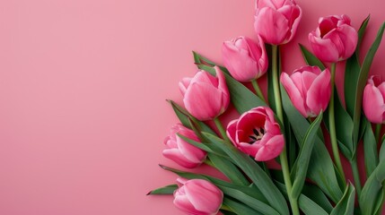 Fototapeta premium Pink Tulip Bouquet on Pastel Pink Background with copy space. Valentine's Day, Birthday, Happy Women's Day, Mother's Day. 