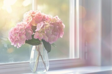 Light pink hydrangea  in glass vase on window background，  greeting card template