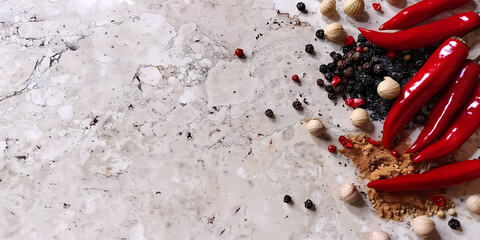 Chilli digital background, header template with copy space, group of spices on a marble surface art