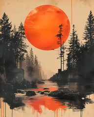 Mesmerizing Forest Landscape with Minimalist Red Circle and Vibrant Moon Painting, Digital Collage Art