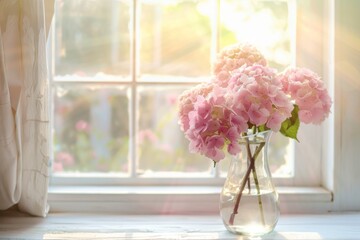 Light pink hydrangea  in glass vase on window background，  greeting card template