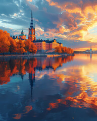Sweden, Europe, Digital Art, Painting, Artwork, Body of Water, Trees, Buildings, Scenic Landscape, Vibrant Colors
