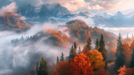 Autumn Mist or Clouds Blanket Western Carpathian Mountain Peaks in a Panoramic View