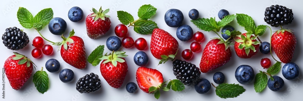 Aufkleber a cluster of ripe strawberries and blueberries neatly arranged on a clean white surface