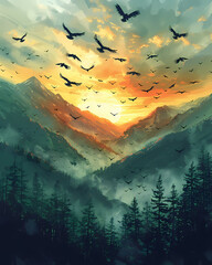 Vibrant Mexican painting depicting a flock of birds soaring over majestic mountains in North America